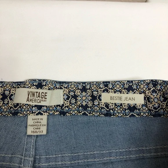 Vintage America Blues Cotton Blend Flowers Patchwork Bestie Blue Jeans 16R/33 - Picture 7 of 16